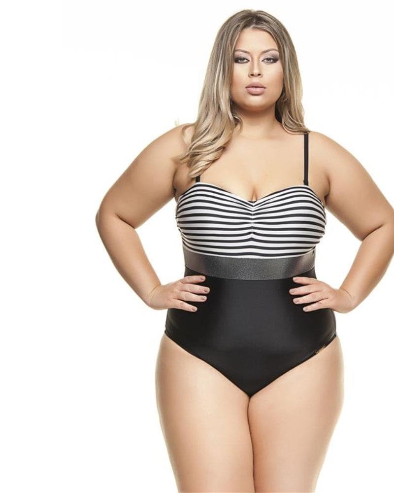 Front of a model wearing a size 20 Coloured Strapless Swimsuit in Black & Silver Stripe by Lehona. | dia_product_style_image_id:267567